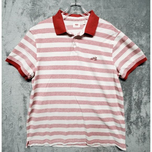 NEW Mens Medium LEVIS Shirt Red White Striped Polo Casual Logo Cotton 224030026 - Picture 1 of 3